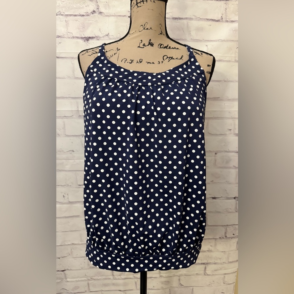Lands' End Blue Polka Dot 12 Blouson Tankini Top Swimsuit Tummy Hiding Modest